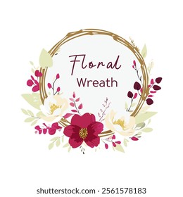 Floral wreath frame with hand drawn flowers and leaves. Vector illustration.