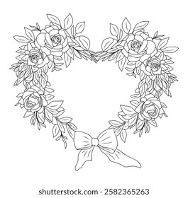Floral wreath frame in heart shape with rose flowers and leaves. Outline hand drawn vector illustration isolated on white background