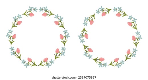 Floral Wreath Frame with Pink Tulip Buds and Blue Flowers. Elegant Botanical Circle Design for Invitations and Cards. For Wedding Invitations, Greeting Cards, Easter and Women's Day Designs