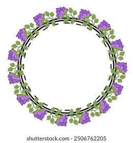 Floral Wreath Frame with Purple Flowers and Green Leaves in Circular Design