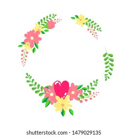 Floral wreath frame template in flat design style with wildflowers, heart and flower branches, copy space place for text. Print design element. Vector illustration
