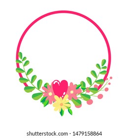 Floral wreath frame template in flat design style with wildflowers, heart and flower branches, copy space place for text. Print design element. Vector illustration