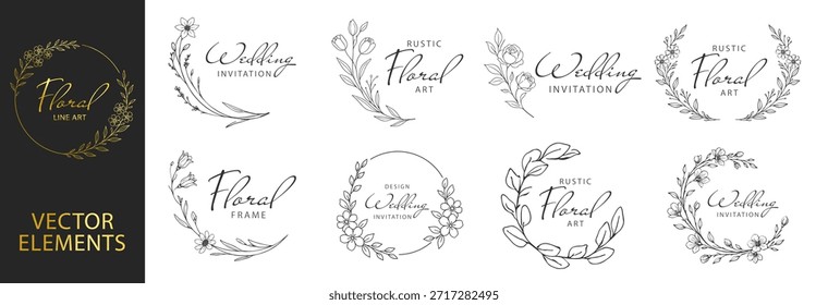 Marcos florales de la corona y bordes botánicos circulares, flores y hojas elegantes del arte de la línea dibujada a mano, diseño decorativo de la invitación de la boda fijado en fondo transparente