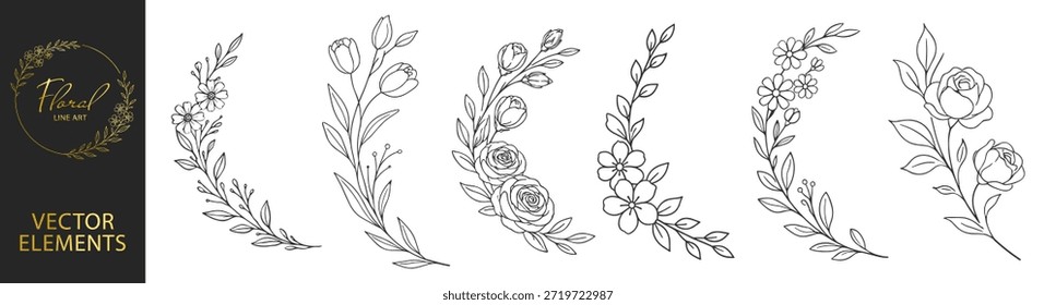 Marcos florales de la corona y bordes botánicos circulares, flores y hojas elegantes del arte de la línea dibujada a mano, diseño decorativo de la invitación de la boda fijado en fondo transparente