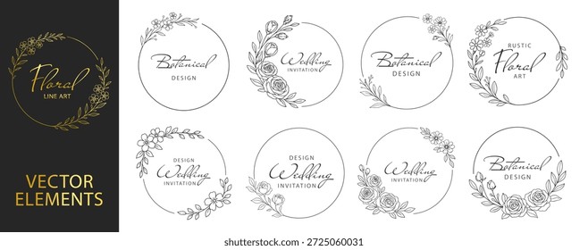 Marcos florales de la corona y bordes botánicos circulares, flores y hojas elegantes del arte de la línea dibujada a mano, diseño decorativo de la invitación de la boda fijado en fondo transparente