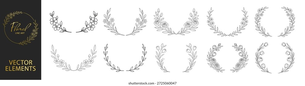 Marcos florales de la corona y bordes botánicos circulares, flores y hojas elegantes del arte de la línea dibujada a mano, diseño decorativo de la invitación de la boda fijado en fondo transparente