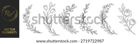 Floral wreath frames and circular botanical borders, elegant hand drawn line art flowers and leaves, decorative wedding invitation design set on transparent background