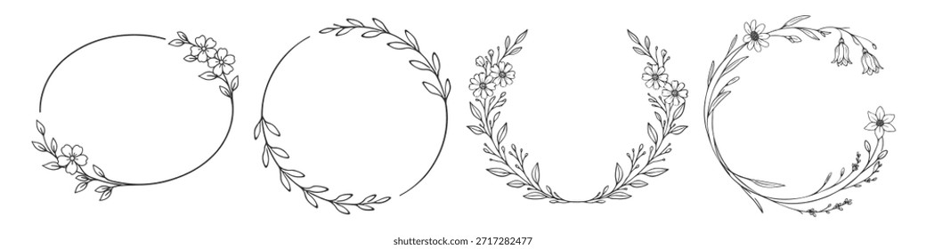 Conjunto de marcos de corona floral, elegantes contornos de flores botánicas dibujados a mano, ramas decorativas de arte de línea mínima y hojas de Ilustración vectorial sobre fondo transparente