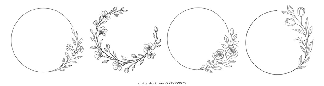 Conjunto de marcos de corona floral, elegantes contornos de flores botánicas dibujados a mano, ramas decorativas de arte de línea mínima y hojas de Ilustración vectorial sobre fondo transparente