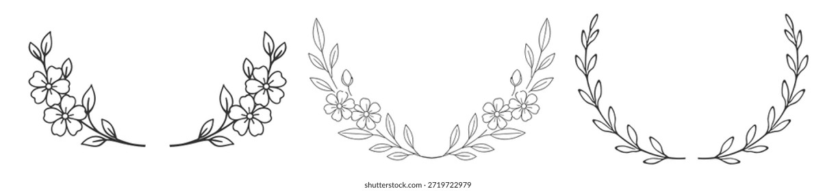 Conjunto de marcos de corona floral, elegantes contornos de flores botánicas dibujados a mano, ramas decorativas de arte de línea mínima y hojas de Ilustración vectorial sobre fondo transparente