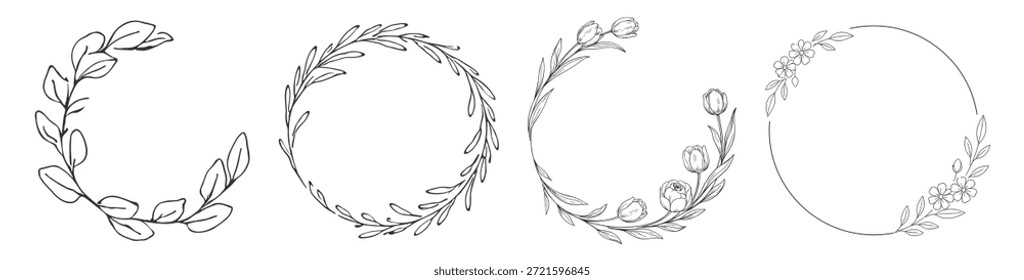 Conjunto de marcos de corona floral, elegantes contornos de flores botánicas dibujados a mano, ramas decorativas de arte de línea mínima y hojas de Ilustración vectorial sobre fondo transparente