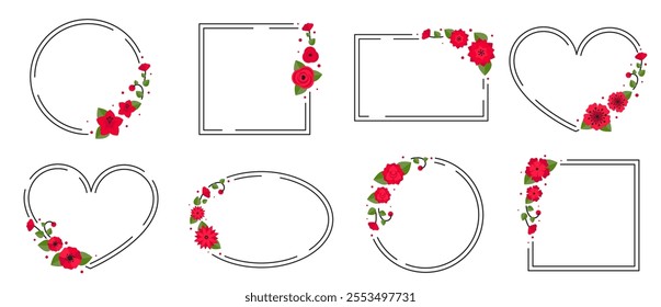 Floral Wreath Frames Set, Heart, Circle, Oval, and Square with Red Flowers