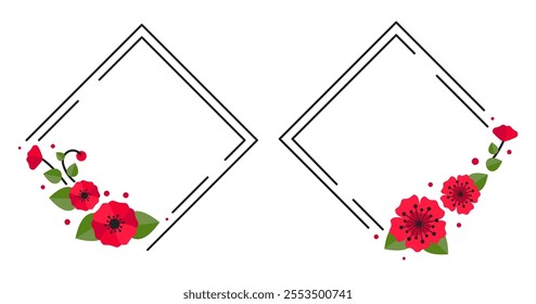 Floral Wreath Frames Set, Heart, Rhombus with Red Flowers for romantic design