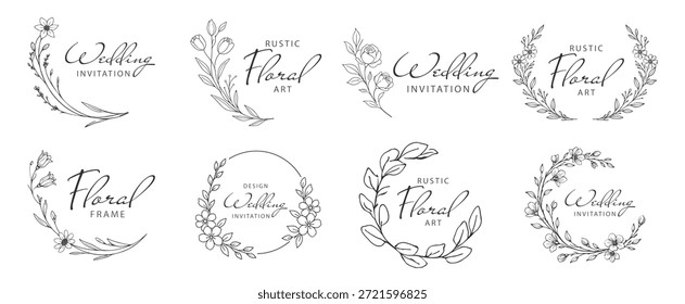 Marcos florales de la corona para las invitaciones de boda, sistema botánico de la Ilustración vectorial dibujada a mano, círculos rústicos elegantes del arte de la línea y bordes en fondo transparente