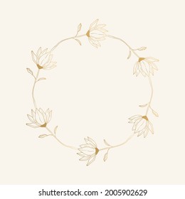 Floral wreath with golden magnolia flowers. Decorative flower frame. Vector isolated illustration.