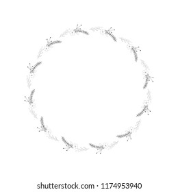 Floral wreath, graphics vector, black and white. Herbs, leaves, branches, flower. Monochrome. Invitation, sale, party, greeting card, text template. Organic, herbal, rustic, forest, minimalism.