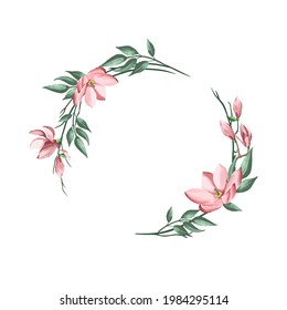 Floral wreath of grass in a circle. Hand drawn wild herbs and magnolias. Botanical vector illustration. Great for posting text, quote, or logo. Round frame or border. 