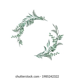 Floral wreath of grass in a circle. Hand drawn wild herbs. Botanical vector illustration. Great for posting text, quote, or logo. Round frame or border. 