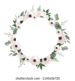 Floral wreath with green eucalyptus leaves, flower rose, anemone . Frame border with copy space eps10