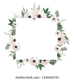 Floral wreath with green eucalyptus leaves, flower rose, anemone . Frame border with copy space eps10