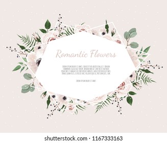 Floral wreath with green eucalyptus leaves, flower rose, anemone . Frame border with copy space. eps10