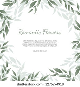 Floral wreath with green eucalyptus leaves, flower rose, anemone . Frame border with copy space eps10