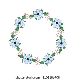 Floral wreath with green leaves. Vector hand draw illustration. Round frame with wildflowers. Design for invitation, wedding, placard, birthday, save the date, banner, cover,  layout, card, flyer
