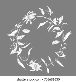  Floral wreath with hand drawn elements. Vector illustration with hand drawn meadow flowers, branches and leaves.