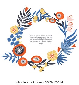 Floral wreath with hand drawn flowers. Wildflowers wreath place for your text. Colorful doodle text frame for poster, article, invitation, valentine's day card, print.