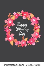 Floral wreath and Happy Women's Day lettering.
