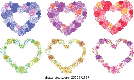 Floral wreath heart. Elegant floral collection with beautiful flowers and leaves in watercolor. Design for invitation, wedding or greeting. 