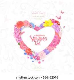 floral wreath of heart shape of different spring flowers and with flying butterflies with love