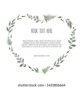 Floral wreath - heart shape. Floral vector frame with branches leaves foliage