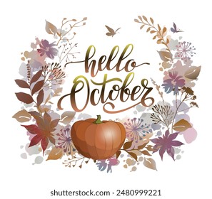 Blumenkranz Hallo Oktober mit Kürbis im Aquarellstil. Kranzdesign für Grußkarte, Einladung, Cover und Werbung. Vektorgrafik farbenfrohe Illustration.