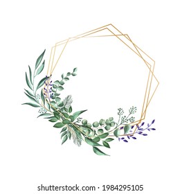 Floral wreath of herbs in a circle with a gold frame. Hand drawn wild herbs. Botanical vector illustration. Great for posting text, quote, or logo. Round frame or border. 