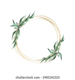 Floral Wreath Of Herbs In A Circle With A Gold Frame. Hand Drawn Wild Herbs. Botanical Vector Illustration. Great For Posting Text, Quote, Or Logo. Round Frame Or Border. 