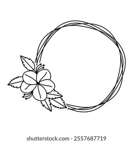 Floral Wreath with Hibiscus Accent, Circular Hand-drawn Frame, Black and White Logo Vector