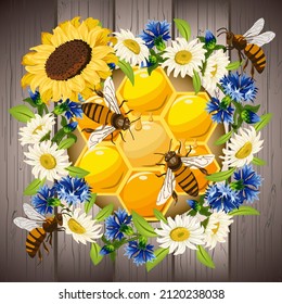 Floral wreath with honeycombs.Honeycombs with bees in a flower wreath on a wooden background in color vector illustration.