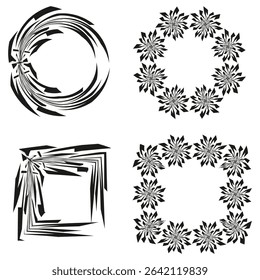 Floral wreath icons. Decorative circle set. Abstract vector design. Black white elements.