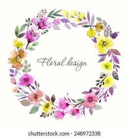 Floral wreath. Invitation. Wedding or birthday card. Floral frame. Watercolor background with flowers.