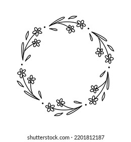 Floral wreath isolated on white background. Round frame with flowers. Vector hand-drawn illustration in doodle style. Perfect for cards, invitations, decorations, logo, various designs.