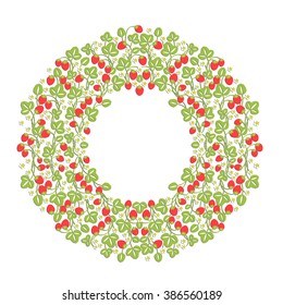 Floral wreath isolated on white background. Strawberry frame. Vector floral frame. Cute retro flowers arranged in the shape of a wreath is perfect for wedding invitations and greeting cards.