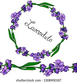 Floral wreath of lavender. Endless horizontal brush with calligraphy phrase; 