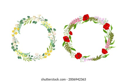 Floral Wreath with Leafy Tree Branch and Blooming Summer Flowers Vector Set