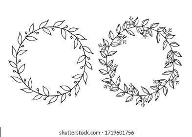 Floral Wreath with leaves and berries, round frame, floral circle vector isolated on white background. For wedding invitations, greeting cards