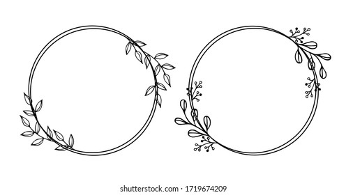 Floral Wreath with leaves and berries, round frame, floral circle vector isolated on white background. Hand drawn simple For wedding invitations, greeting cards