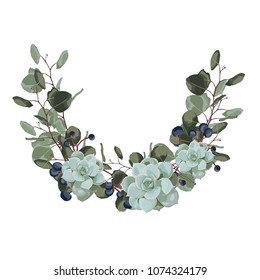 Floral wreath with leaves and berries. Vector. The design of the invitation. Background for save the dates. Romantic circle with succulent, berries and dollar eucalyptus. 