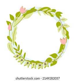 Floral wreath of leaves, branches, flowers, and flag garland. Vector hand drawn flat style illustration. 