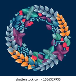 Floral wreath with leaves and branches in the form of a circle. Delicate colorful plants. Vector illustration with elegant leaves on a deep blue background. Design for card, wrapping.