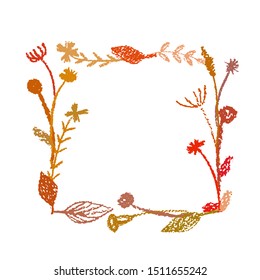 Floral wreath leaves frame silhouette colorful on isolated white. Pencil crayon hand drawn. Vector illustration